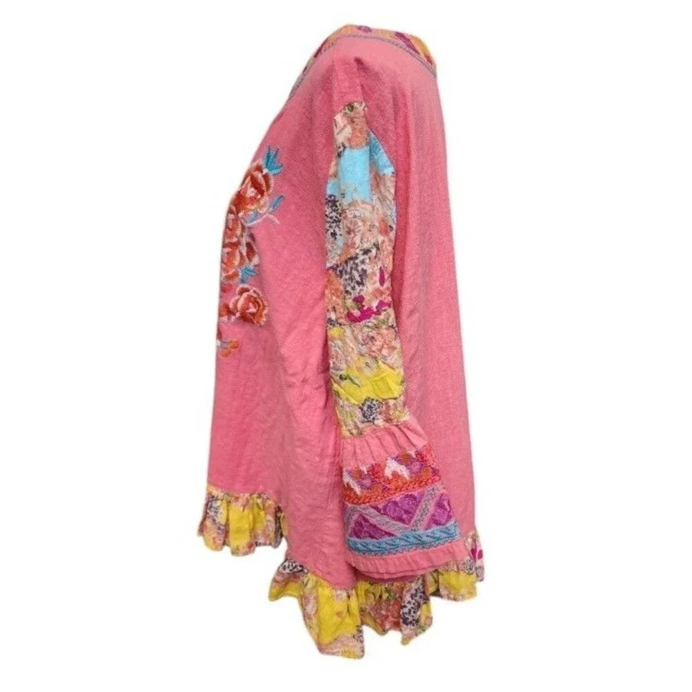 Calessa Embroidered Boho Colorful Top Size 2X Cotton Flowy
